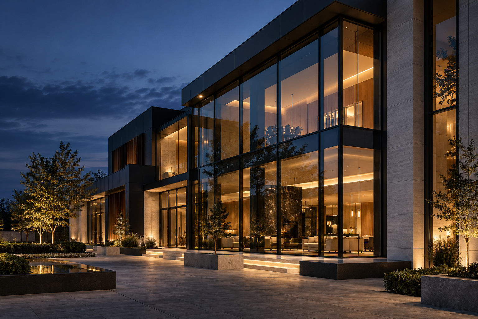 Architectural illustration of a glass-fronted building with dark frames and warm interior lighting.